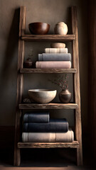 Rustic Wooden Ladder Shelf Displaying Rolled Towels and Decorative Bowls and Vases