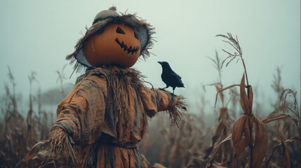 Obraz premium Halloween scarecrow with crow in foggy cornfield