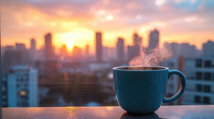 Rooftop cafe morning light with steaming cup soft blur and skyline view perfect for lifestyle travel and morning visuals