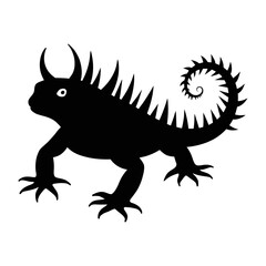 Silhouette illustration of a spiky lizard with horns and a coiled tail on a white background
