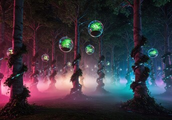 Enchanted forest at night with glowing orbs and colorful mist