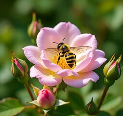 A bee diligently collects pollen from a delicate pink rose, its vibrant colors and intricate details captured in a closeup shot that highlights the beauty of natures pollination process