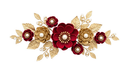 Red and gold flowers with pearl accents, isolated on transparent background