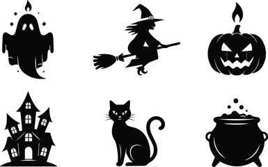  a collection of black halloween icons including a ghost, witch, pumpkin, haunted house, cat, and cauldron