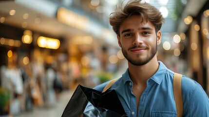 Naklejka premium Young Man Smiles While Holding Shopping Bags in a Modern Store Environment During Daylight Hours.
