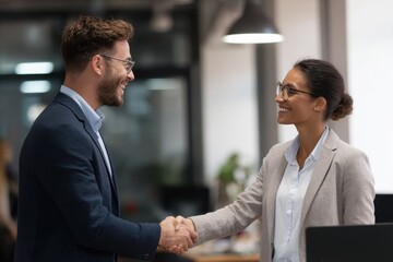 Fototapeta premium Full-length portrait of business handshake in office, young smiling manager greeting new employee with confidence and warmth