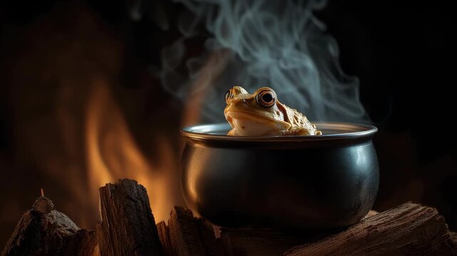 Surreal Frog in Boiling Pot Representing Boiling Frog Theory