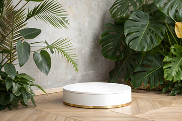 White marble pedestal surrounded by lush tropical greenery