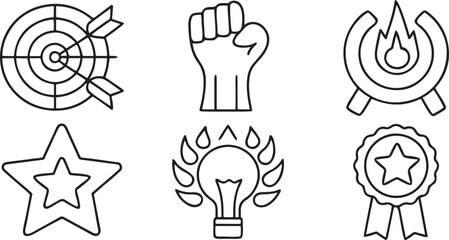Isolated black motivational goal achievement icon set including dartboard, power fist, burning fire, victory medal, star, climbing human, badge and trophy, clean minimal vector for inspiration themes