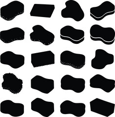 Vector silhouette set of various bath sponges and scrubbers, including loofahs and body puffs. Perfect for hygiene, spa, beauty, and cleaning-themed design projects.