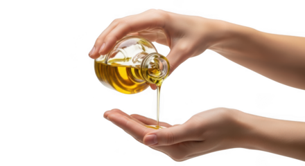 Pouring oil from bottle into hand isolated on transparent background