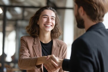 Full view corporate portrait of professional manager greeting new employee with handshake, cheerful teamwork atmosphere