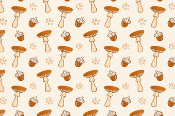 Cute repeating pattern of mushrooms and acorns on a beige background. Great for autumn children’s products, pajamas, mugs, and wrapping paper, kids clothing, fall mugs, nursery decor, gift 