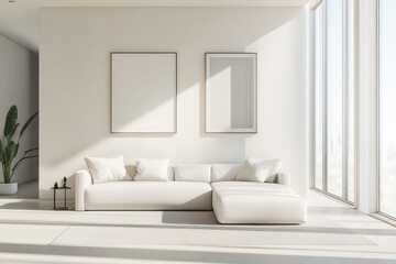 A bright, airy living room with an L-shaped white sofa, minimalist furniture, indoor plant, large windows, and two simple framed art pieces against off-white walls