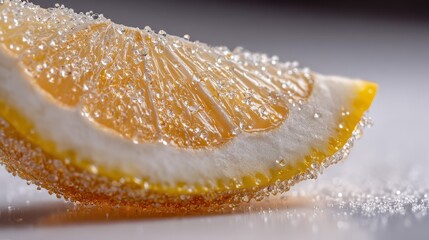 Slice of lemon covered in sparkling sugar crystals on reflective surface