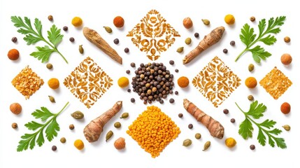 Turmeric, parsley, peppercorns, and other spices forming an ornate mandala on white background