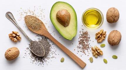 Healthy fats and seeds promoting wellness with avocado, walnuts, and chia seeds