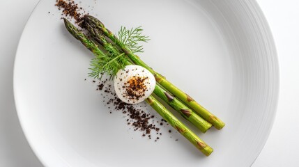 Poached egg with grilled asparagus, dill and spices on elegant white plate