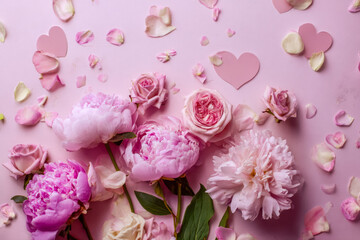 Fototapeta premium Elegant pastel pink floral arrangement with rose petals and paper hearts for romantic celebration