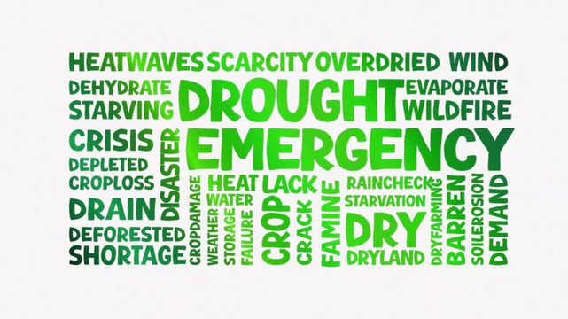 Drought Emergency concept, Text Design Animation typography seamless loop video motion graphics Intro, Animated Tag Word Cloud kinetic typography Word Art Looping Text effects lettering green type