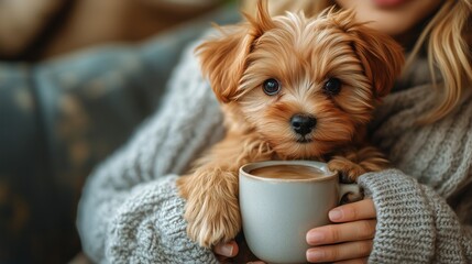 Cozy Moment With a Small Dog Enjoying Warm Drink in a Comfortable Indoor Setting