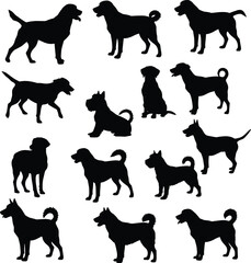 A vector illustration set of dog silhouettes, showing various breeds of canines and pets in standing, walking, and sitting poses.