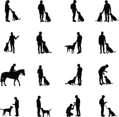 A vector silhouette collection of people training dogs, with owners, handlers, and a horse rider interacting with their animal companions.