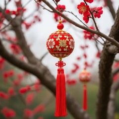 Obraz premium Festive lunar new year ornament hanging from blooming branch