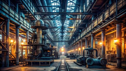 Naklejka premium An old industrial factory interior with machinery, pipes, and railway tracks