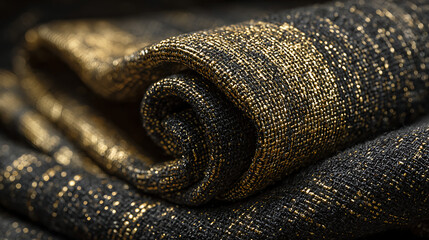 Luxurious black and gold woven fabric with shimmering threads textile material