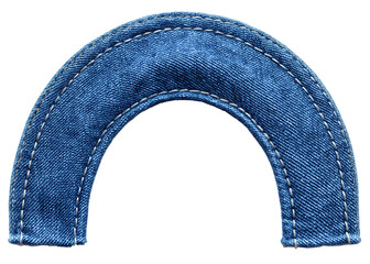 Blue denim arch with white stitching on a black background