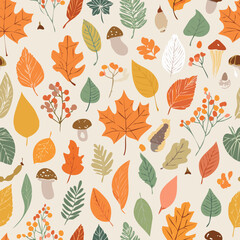 Fototapeta premium Autumn hand drawn leaves doodle seamless pattern. Fall leaves, acorn, chanterelle, chestnut, maple, raspberry, oak, ashberry. Trendy season print. Harvest time. Thanksgiving day. Vector illustration