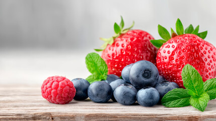 Fresh strawberries, blueberries and raspberries with mint leaves on wooden table, minimalist composition, soft natural light, photorealistic style, healthy organic food concept.