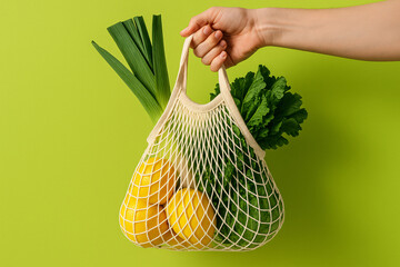 Hand holding mesh shopping bag with lemons, lettuce and leeks on vibrant green background
