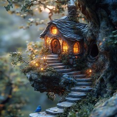 Fototapeta premium Fairy tale house nestled in enchanting forest setting, featuring curved stone steps leading to a cozy door, illuminated windows, and lush foliage, inviting adventure and imagination