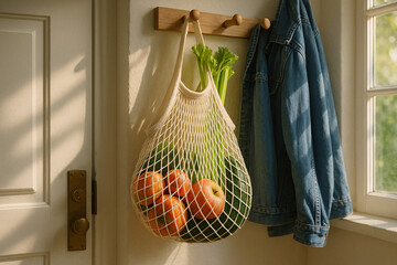 Reusable mesh grocery bag with fresh apples, celery and tomatoes hanging on wall in sunlit entryway
