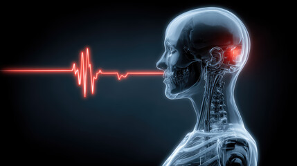 A person with transparent anatomy, showcasing multiple organ systems and sound waves simulation technology. Promote hearing health.