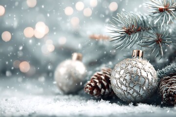 A festive Christmas scene with silver ornaments, pine cones, and snow, set against a blurred bokeh background, creating a magical winter holiday atmosphere.