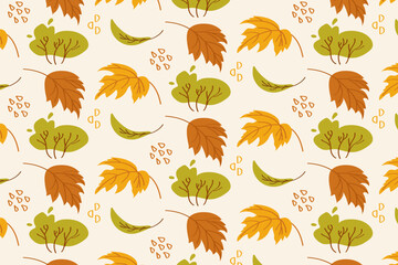Seamless botanical pattern with autumn leaves and bushes. Stylized autumn foliage with herbs and leaves in a repeating pattern. Suitable for eco-friendly packaging, autumn fashion