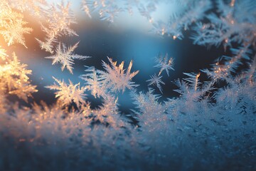 A mesmerizing macro shot of intricate ice crystals forming a delicate, frosty pattern on a cold winter window pane.