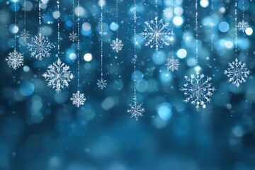 A festive winter background featuring hanging snowflakes with a bokeh effect, perfect for Christmas and New Year celebrations.
