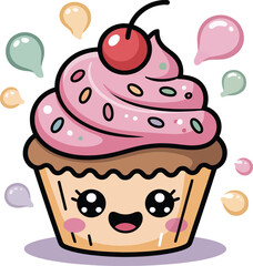 An adorable illustration of a cheerful cupcake topped with pink frosting and a cherry, surrounded by colorful sprinkles and playful bubbles. This cute design captures the essence of sweetness and fun.