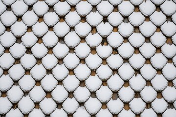 A close-up of a roof covered in snow, creating a textured pattern with a winter atmosphere and rustic charm.