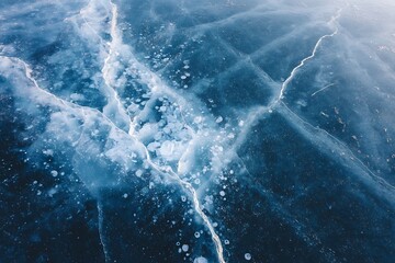 A mesmerizing view of frozen lake Baikal with intricate ice cracks and trapped bubbles creating a stunning winter texture.