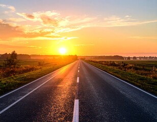 Naklejka premium A paved road stretches into a golden sunset over a field