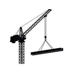 Black and white silhouette of a construction crane lifting a metal beam