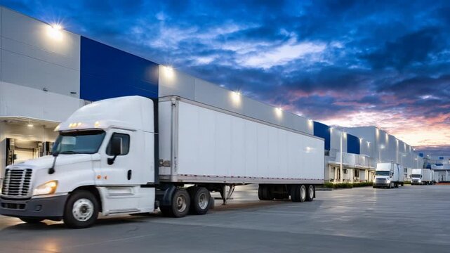 A fleet of delivery trucks prepares for dispatch outside a warehouse in the early morning.