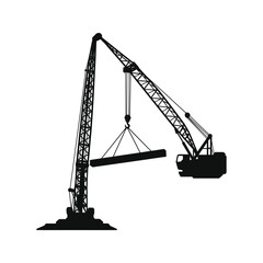 Black and white silhouette of a large construction crane lifting a beam