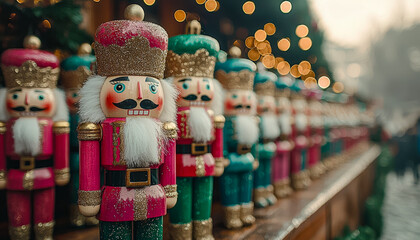 Fototapeta premium Festive nutcracker figurines with glowing holiday lights in the background