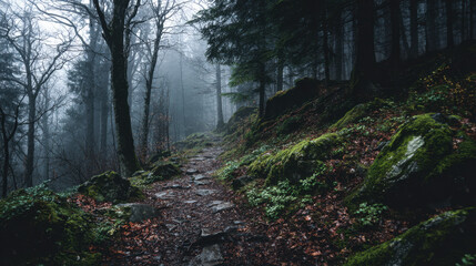 Obraz premium Foggy Forest Path with Moss and Trees